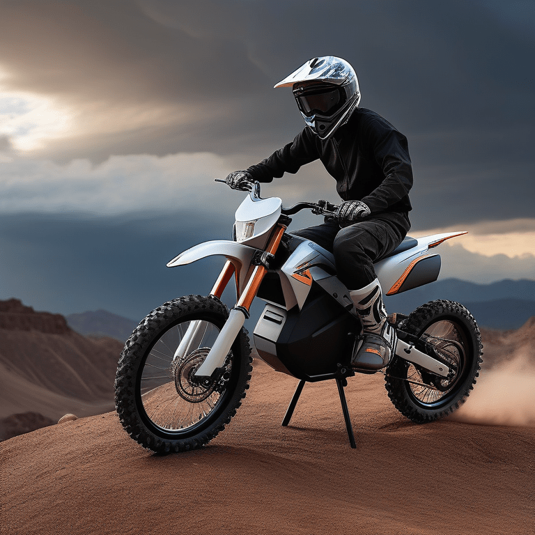 Electric dirt bike on a mountain trail with dynamic sky, highlighting modern design and sense of adventure.